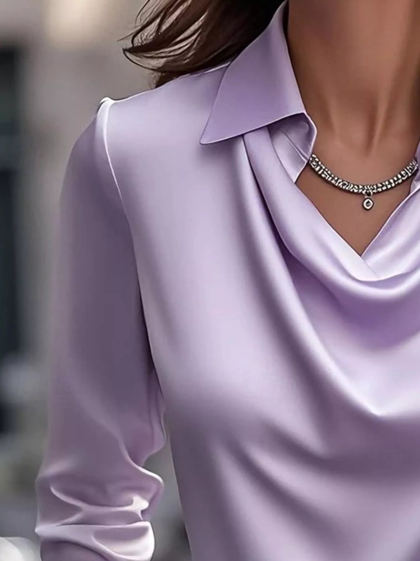 Ruched Long Sleeve Drape Collar Blouse 