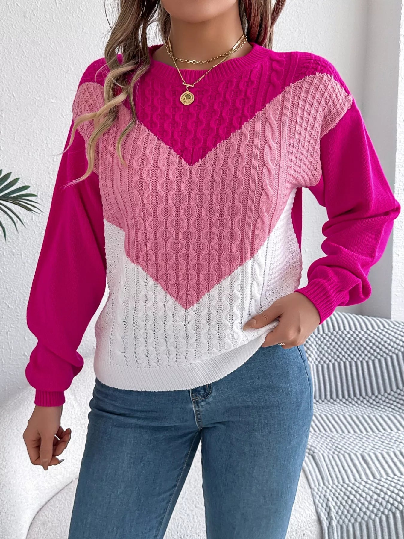 Color Block Cable Knit Sweater 