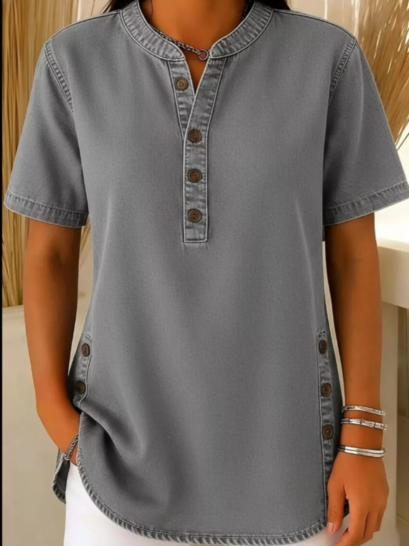 Full Size Button Detail Short Sleeve Blouse Plus Size 