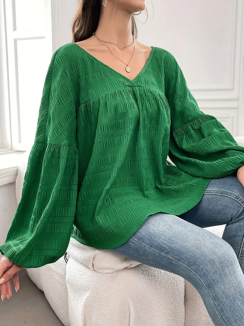 Plus Size Texture V-Neck Long Sleeve Top 