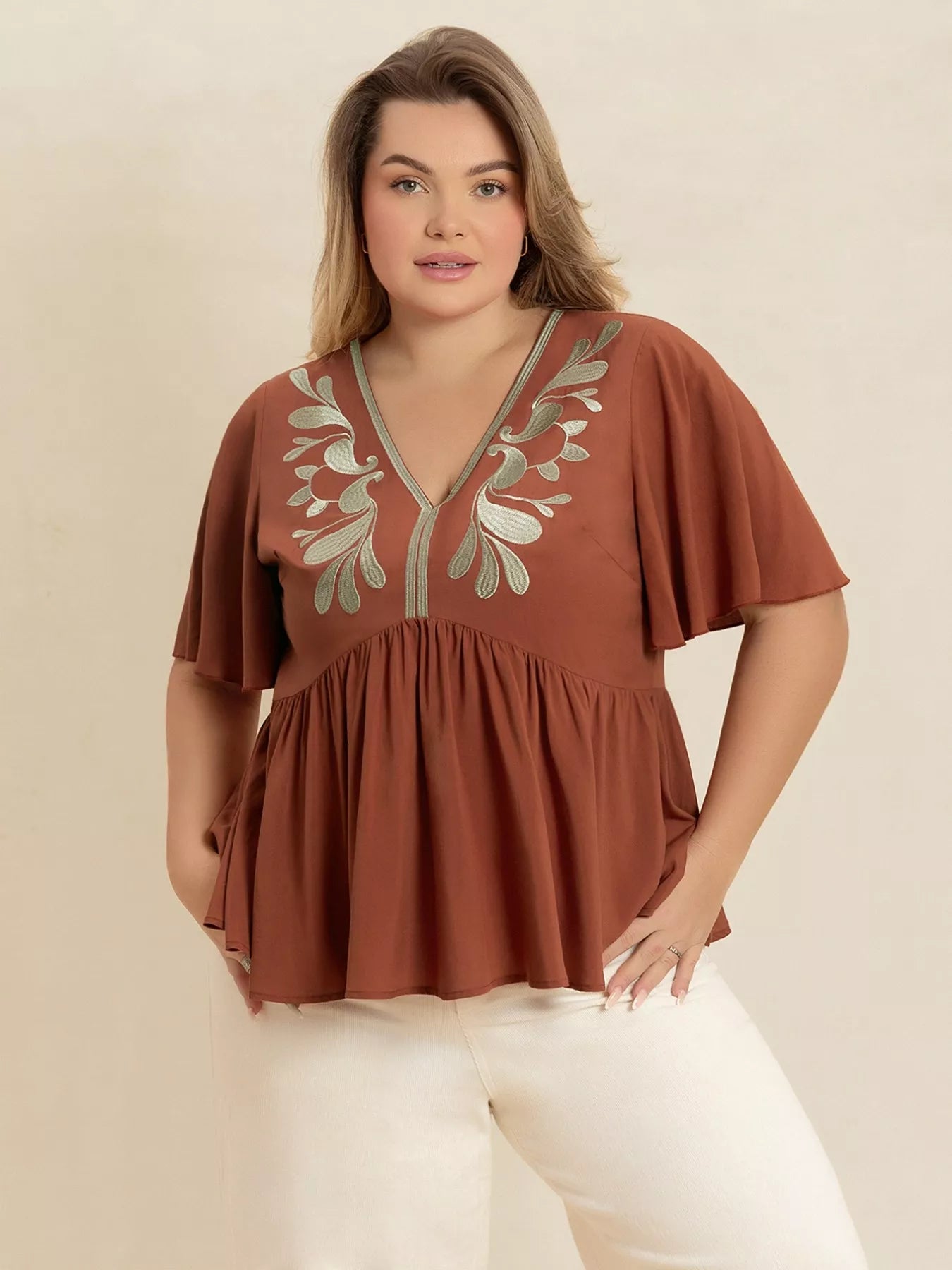 Plus Size Embroidered V-Neck Flutter Sleeve Blouse 