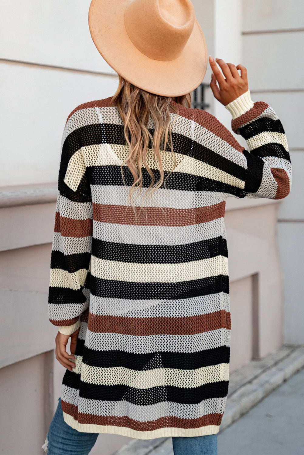 Full Size Striped Long Sleeve Openwork Cardigan 