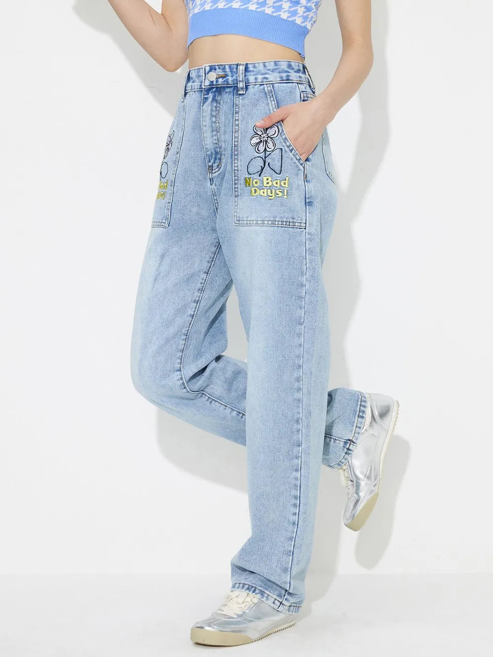 Flower High Rise Straight Leg Jeans with Pockets 