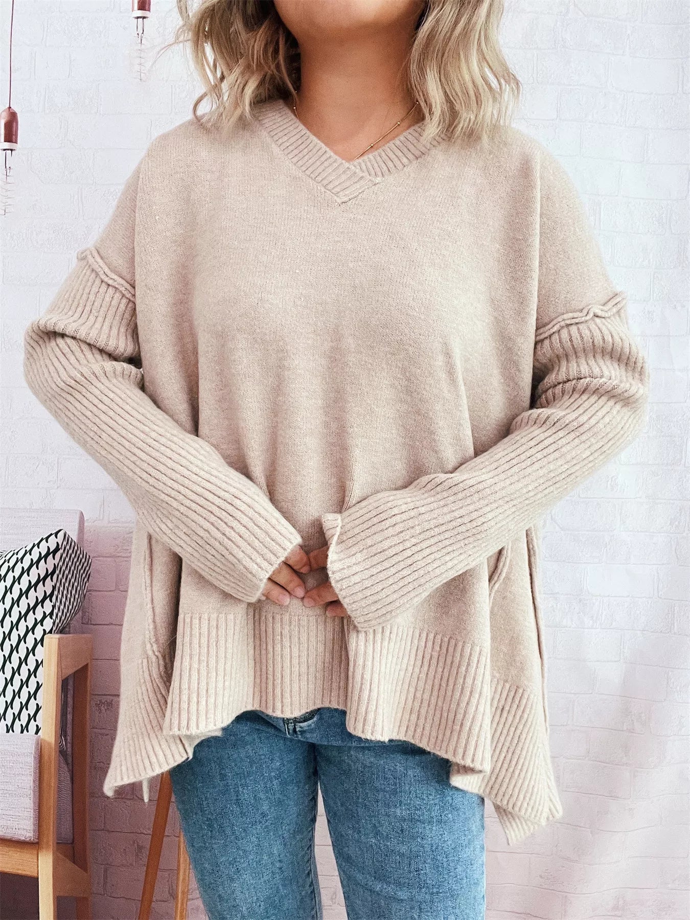 V-Neck Dropped Shoulder Sweater 