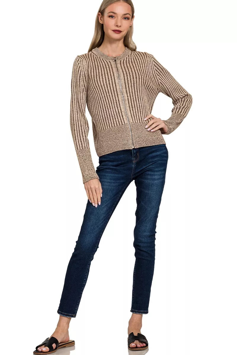 Zenana Ribbed Two Tone Zip Up Sweater Cardigan 