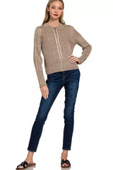 Zenana Ribbed Two Tone Zip Up Sweater Cardigan 