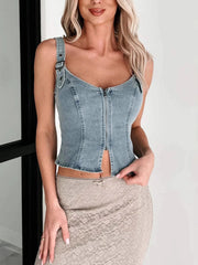 Fitted Denim Corset Tank Top with Front Zip 