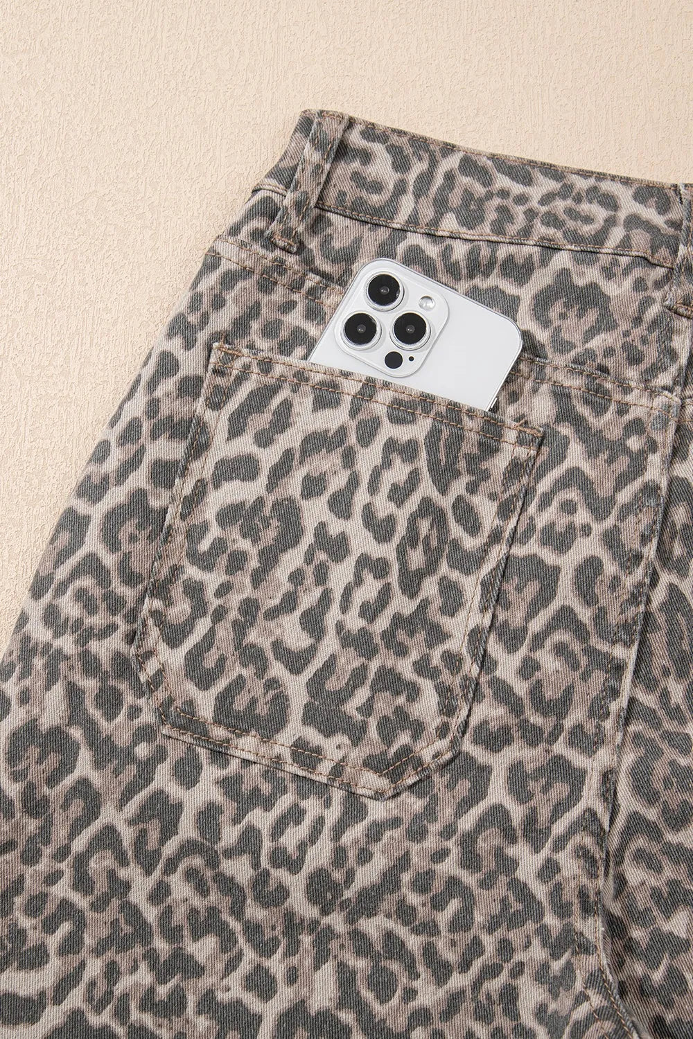 Leopard Frayed Edge Wide Leg High Waist Jeans 