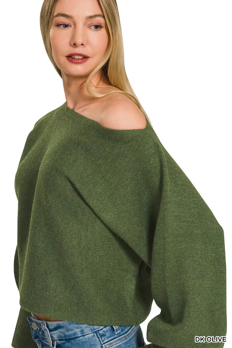 Zenana Boat Neck Balloon Sleeve Sweater 