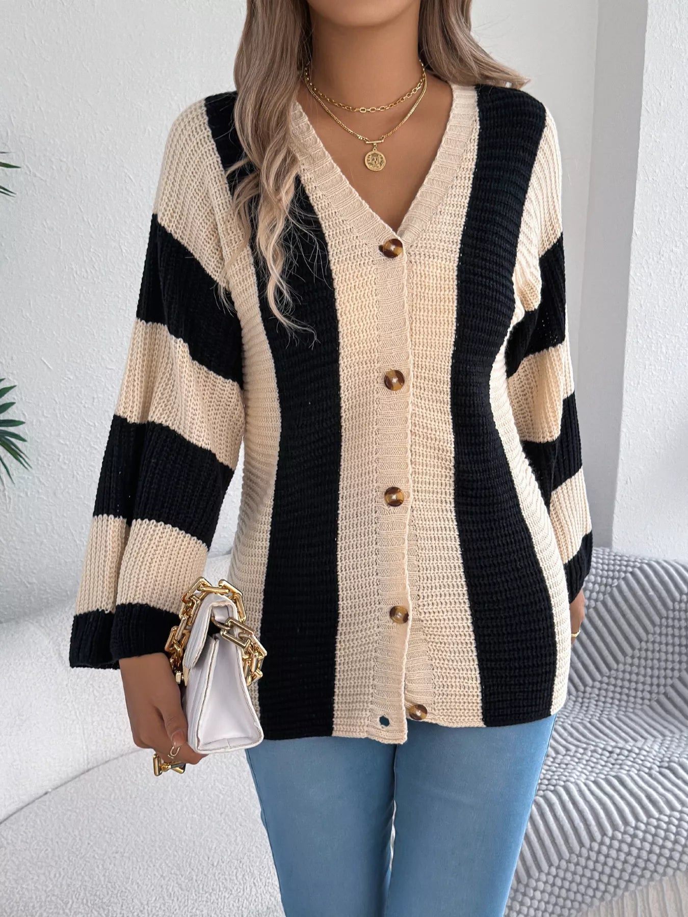 Color Block Button-Up Cardigan 
