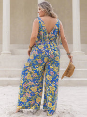 Plus Size Printed V-Neck Wide Leg Jumpsuit 