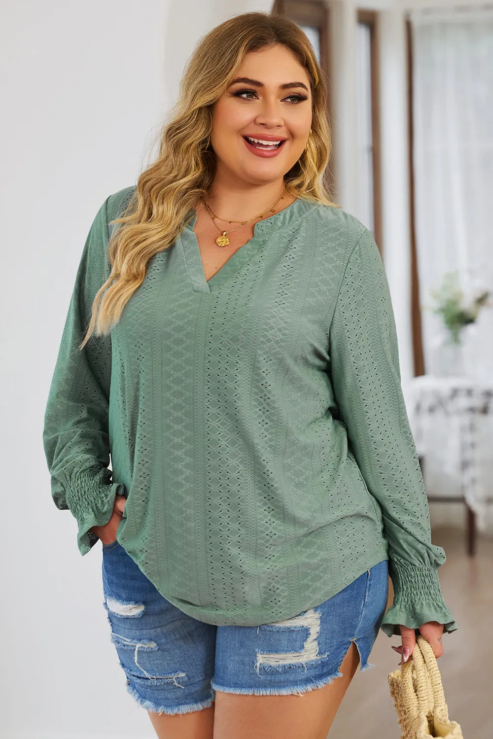 Plus Size Eyelet Notched Flounce Sleeve Blouse 