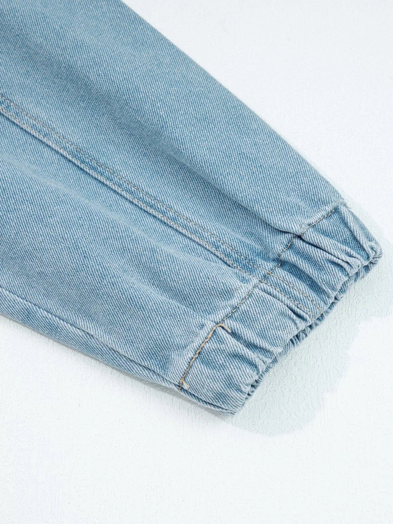 Elastic Edge Collared Zip Up Denim Jacket With Pocket 