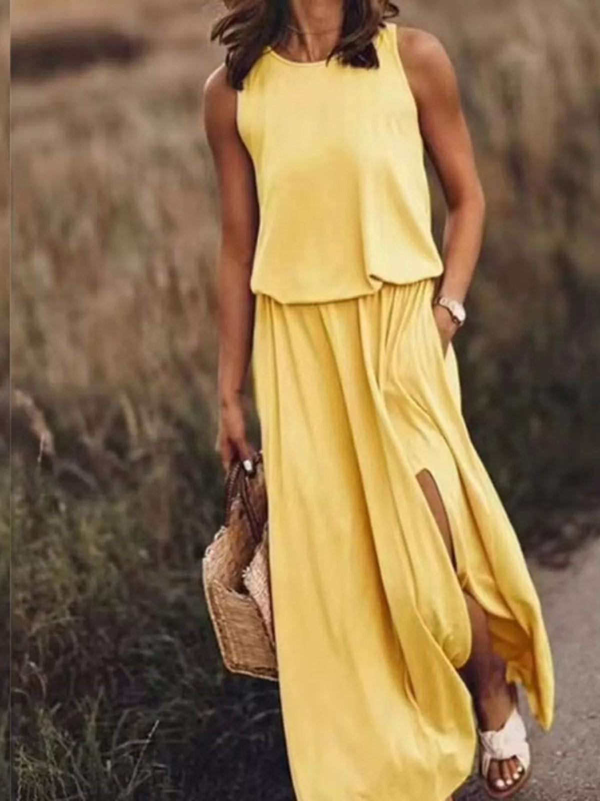Full Size Round Neck Sleeveless Slit Maxi Dress Plus Size 