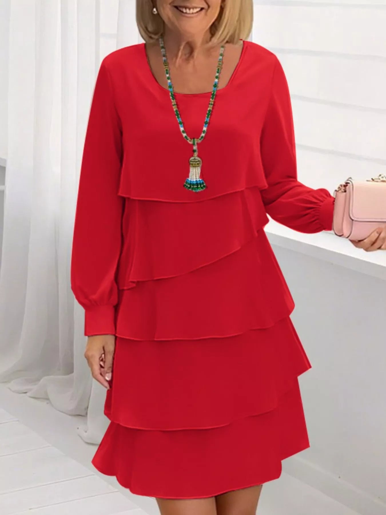 Full Size Layered Long Sleeve Mini Dress Plus Size 