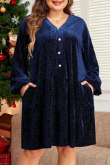 Plus Size Textured Velvet Decorative Button Long Sleeve Dress 