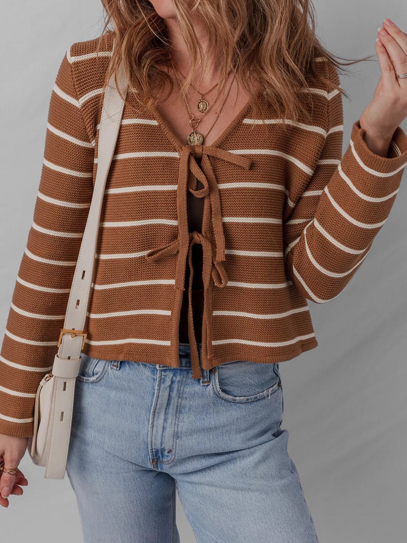 Tie Front Striped Knit V Neck Cardigan 