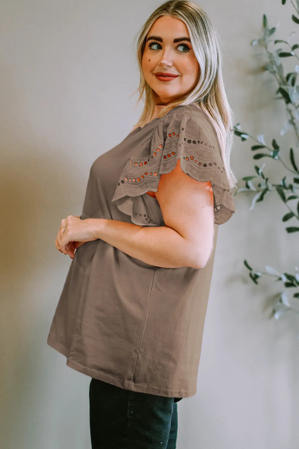 Plus Size Eyelet Round Neck Short Sleeve Blouse 