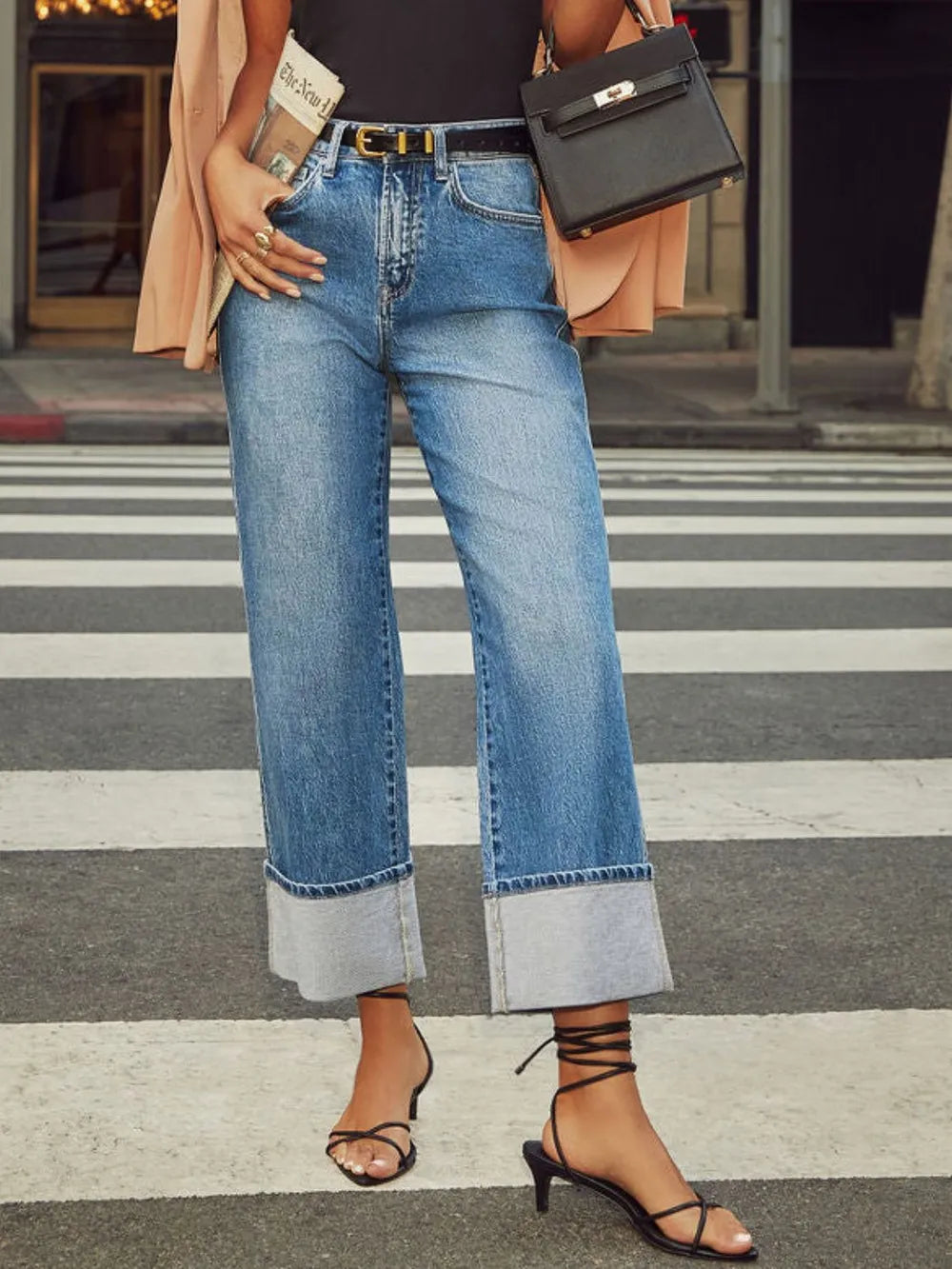 High Waisted Straight Leg Rolled Jeans 