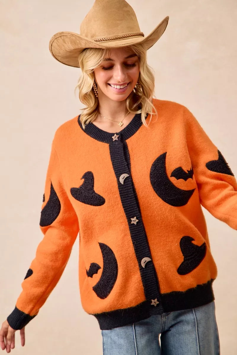 BiBi Halloween Witch Hat Moon Bat Artwork Cardigan 
