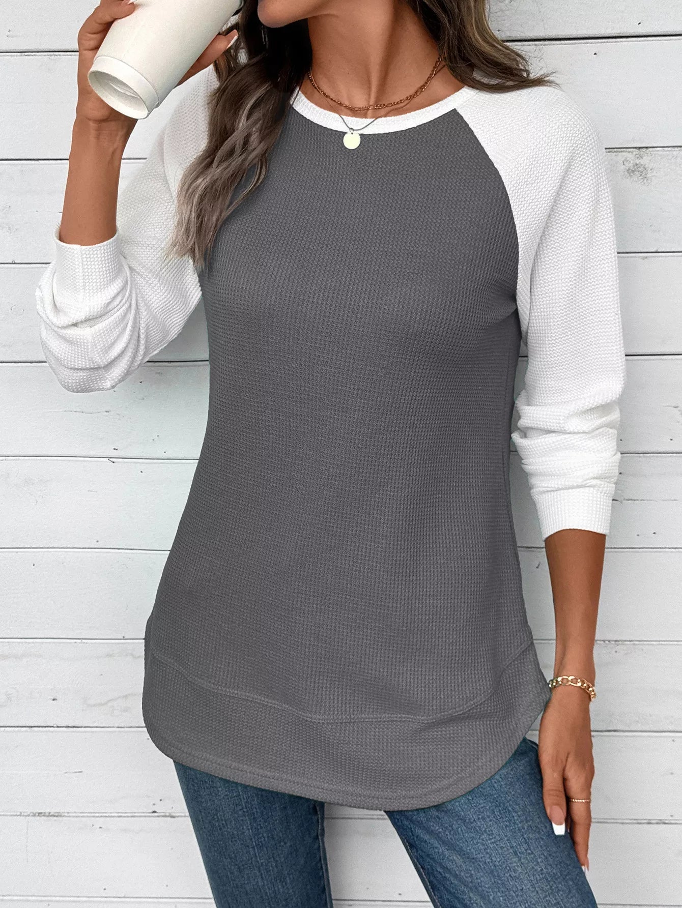 Contrast Raglan Sleeve Waffle Knit T-Shirt 
