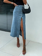 Front Button Slit Midi Denim Skirt 
