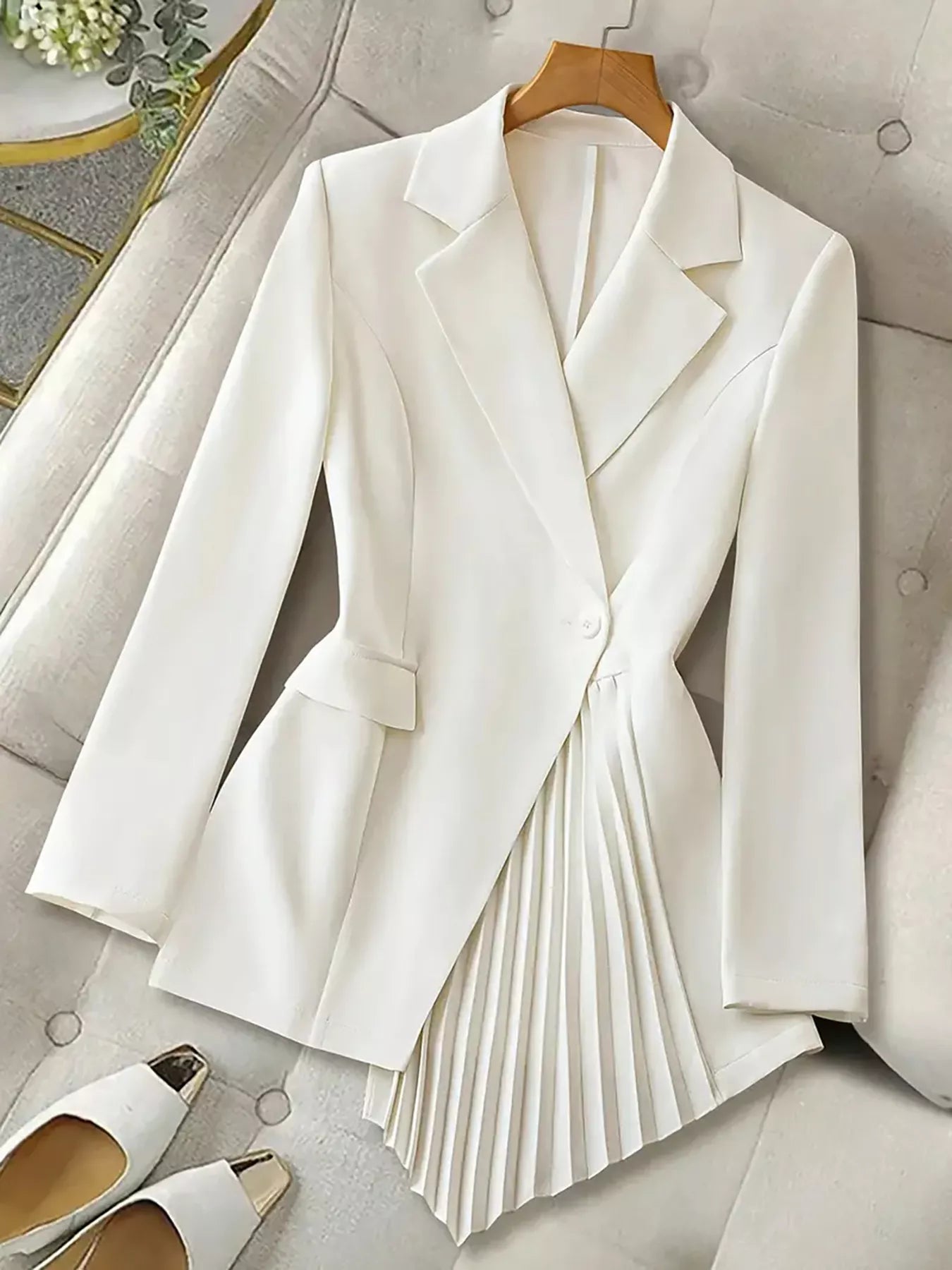 One Button Asymmetric Pleated Hem Blazer 