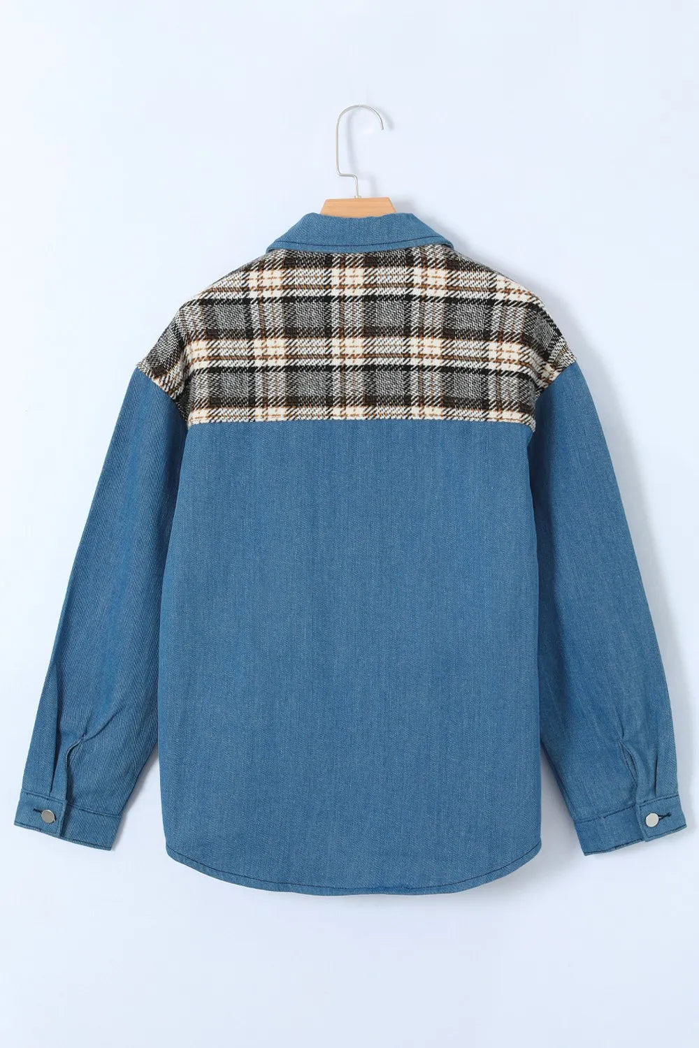 Plaid Pocketed Button Up Denim Jacket 