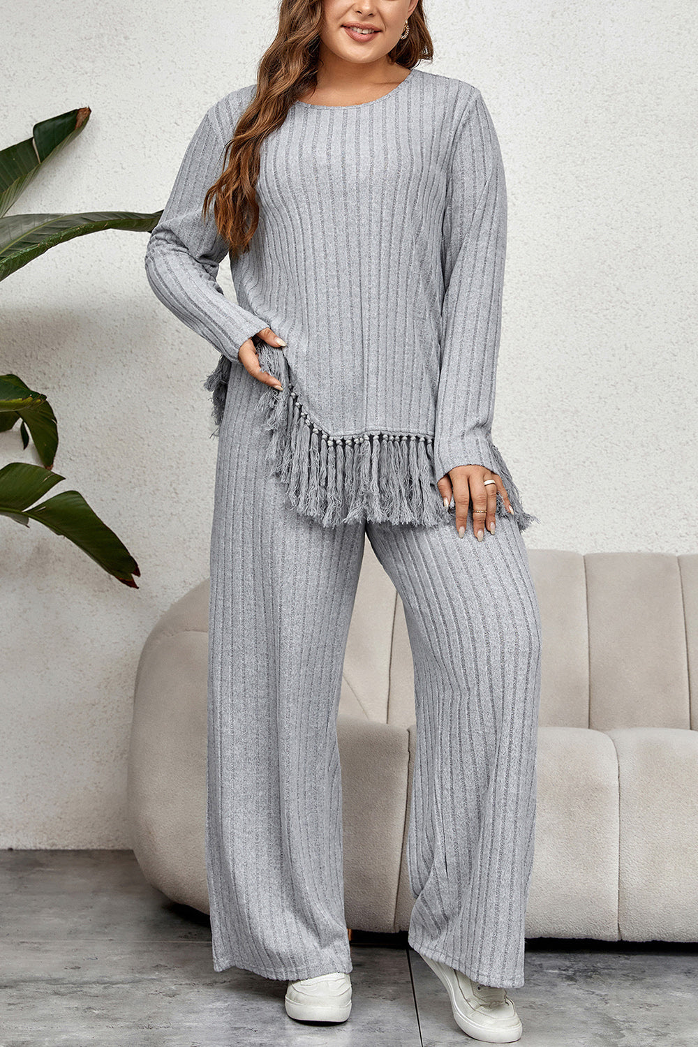 Honey Plus Size Tassel Hem Top and Pants Set 