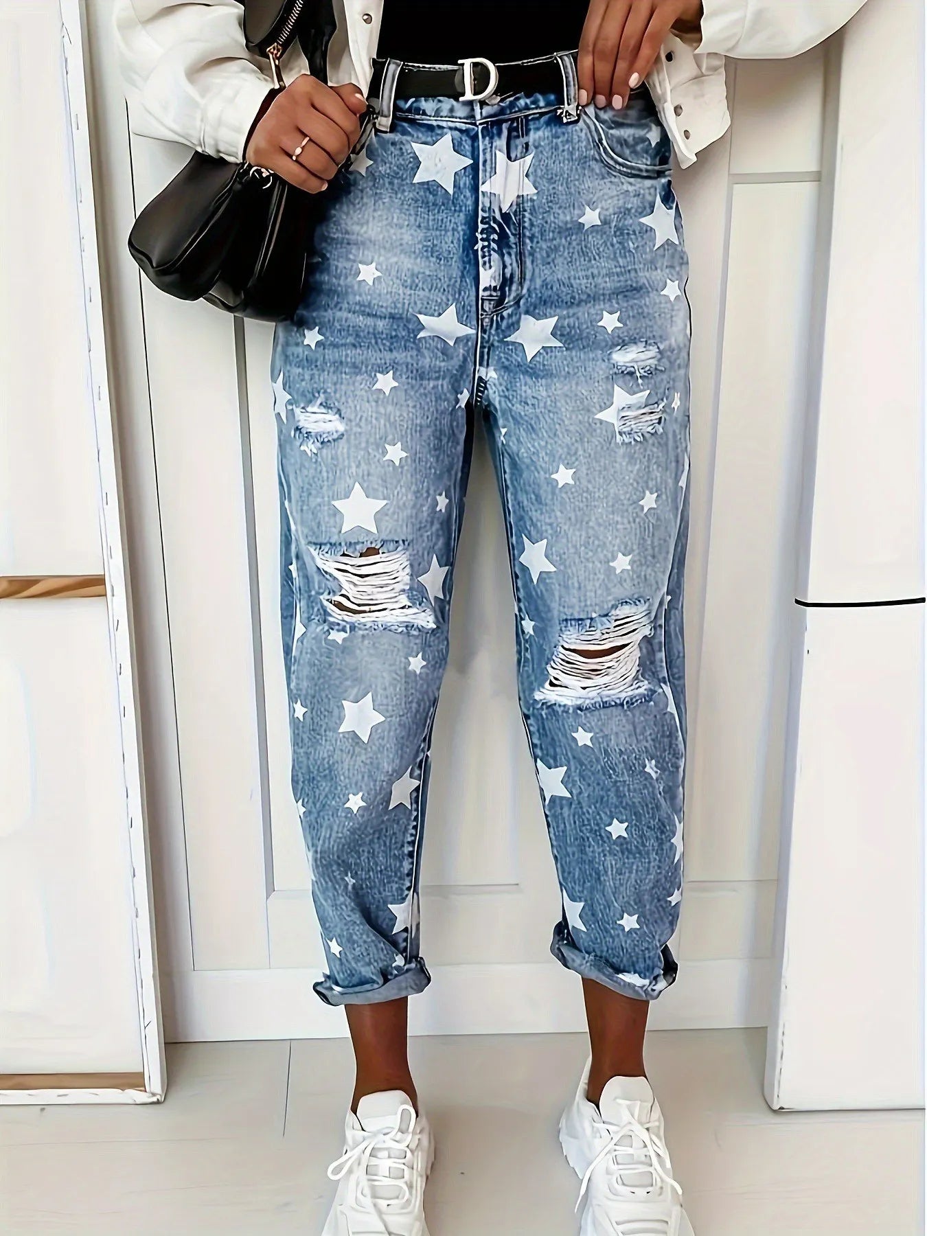 Star Print Distressed High Waist Boyfriend Jeans 