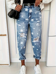 Star Print Distressed High Waist Boyfriend Jeans 