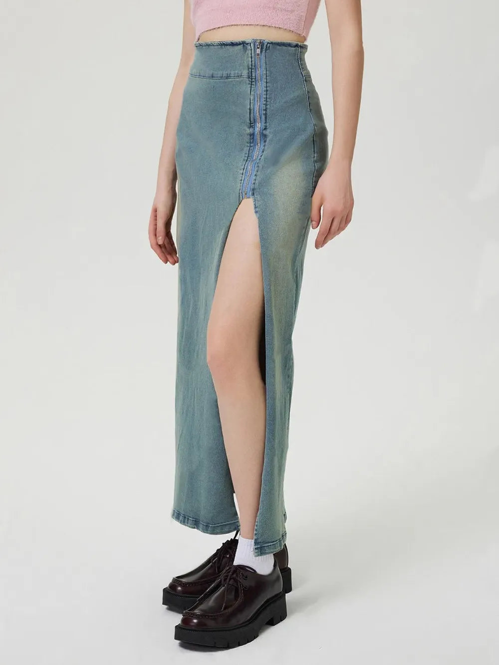 Slit Denim Skirt with Zip 