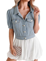 Button Up Puff Sleeve Cropped Denim Jacket 