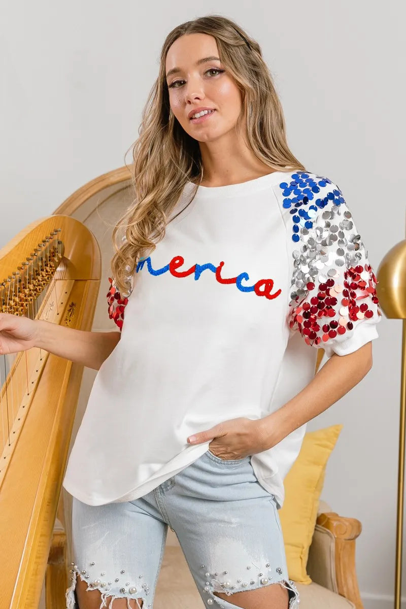 BiBi America Letter Applique Spangle Puff Sleeves Top 