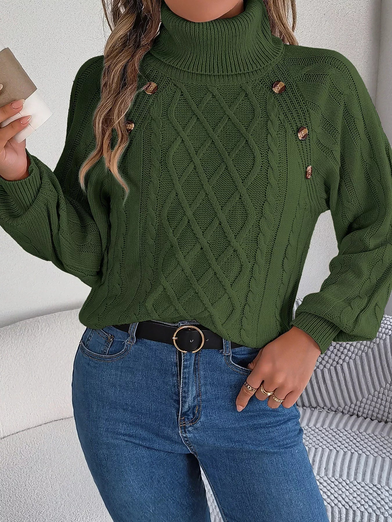 Cable Knit Turtleneck Long Sleeve Sweater 