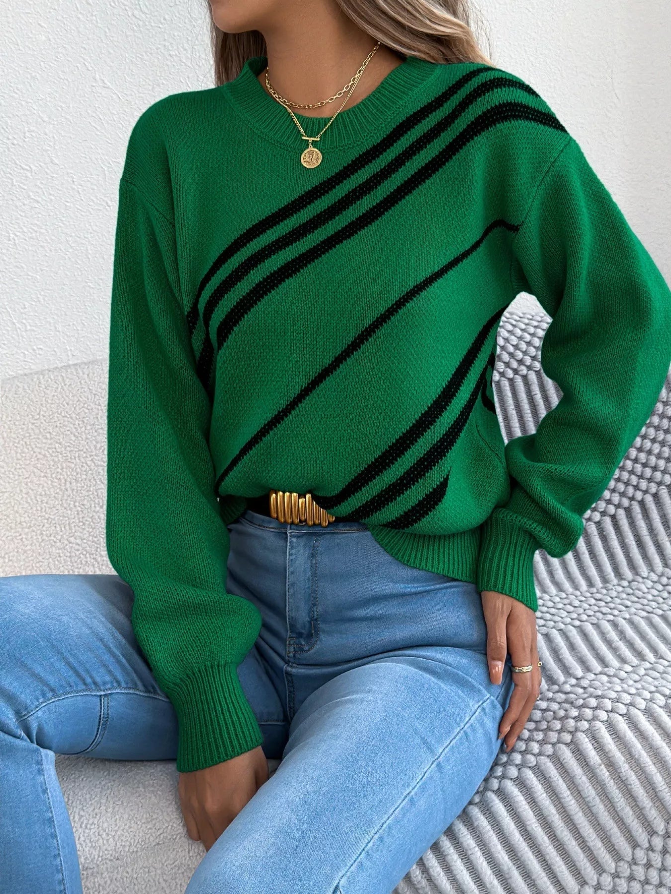 Striped Pattern Casual Round Neck Sweater 