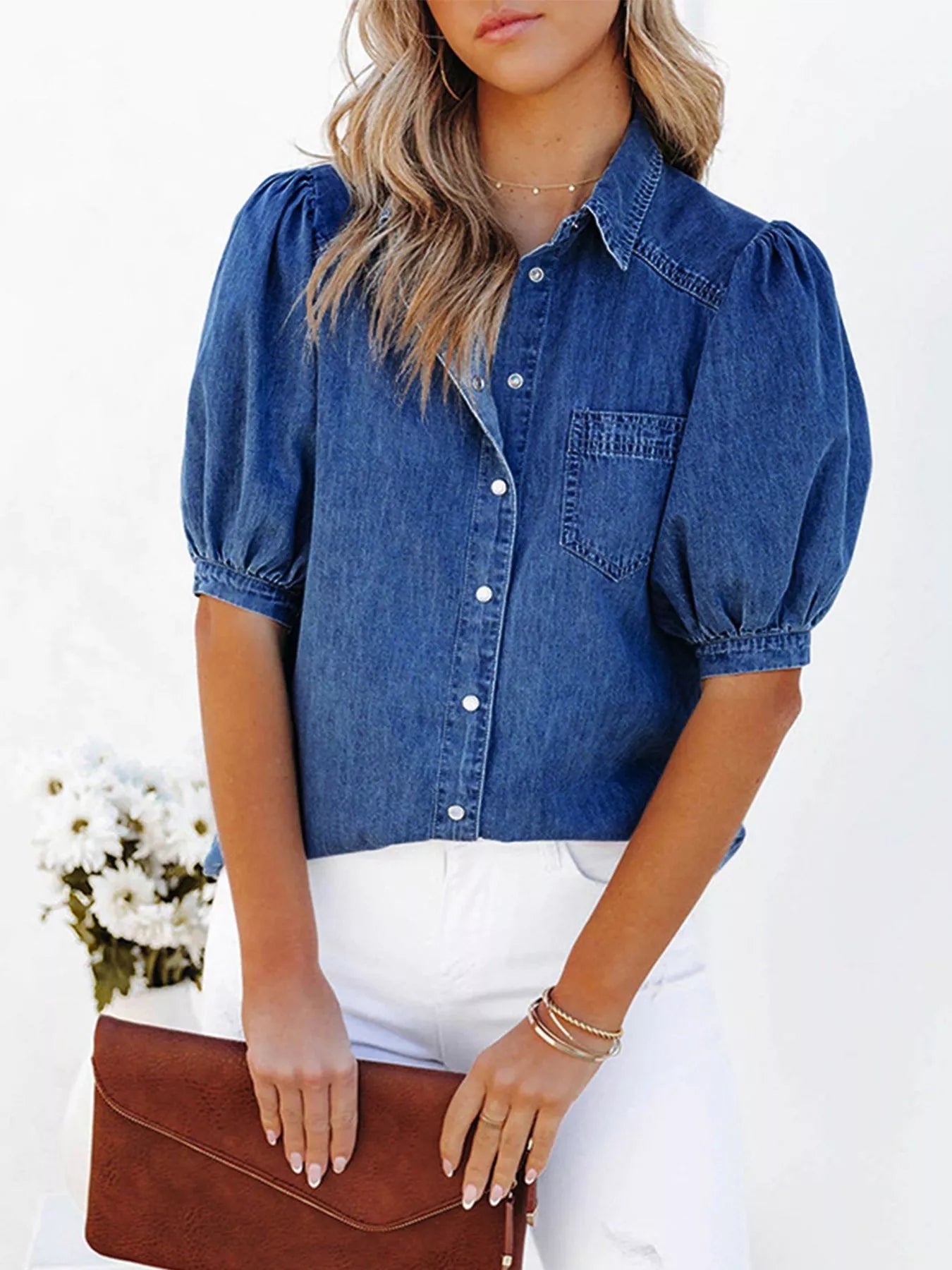 Puff Sleeve Button-Down Denim Top 