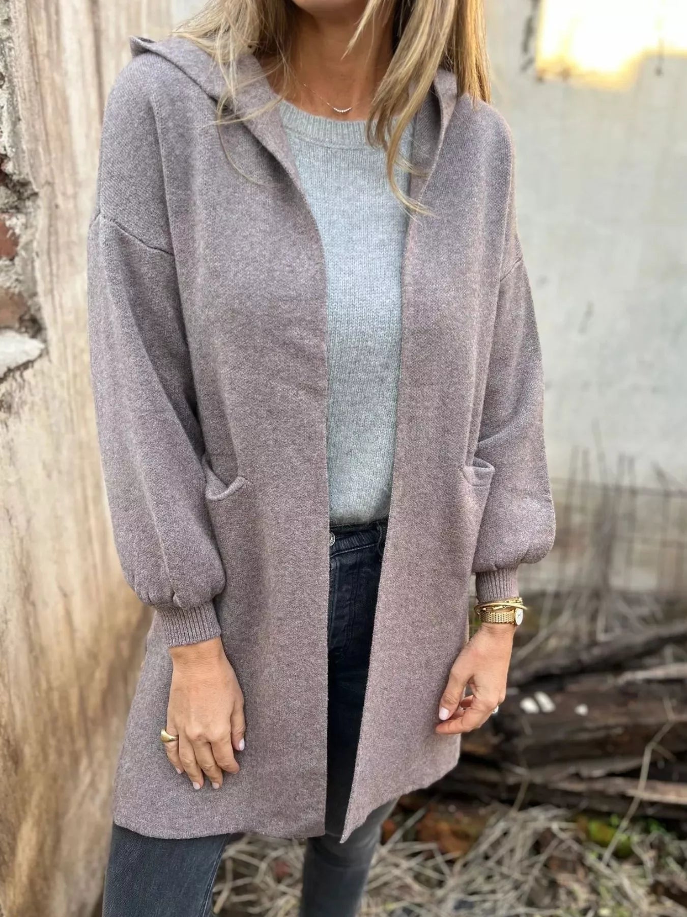 Full Size Open Front Drop Shoulder Hooded Cardigan Plus Size 