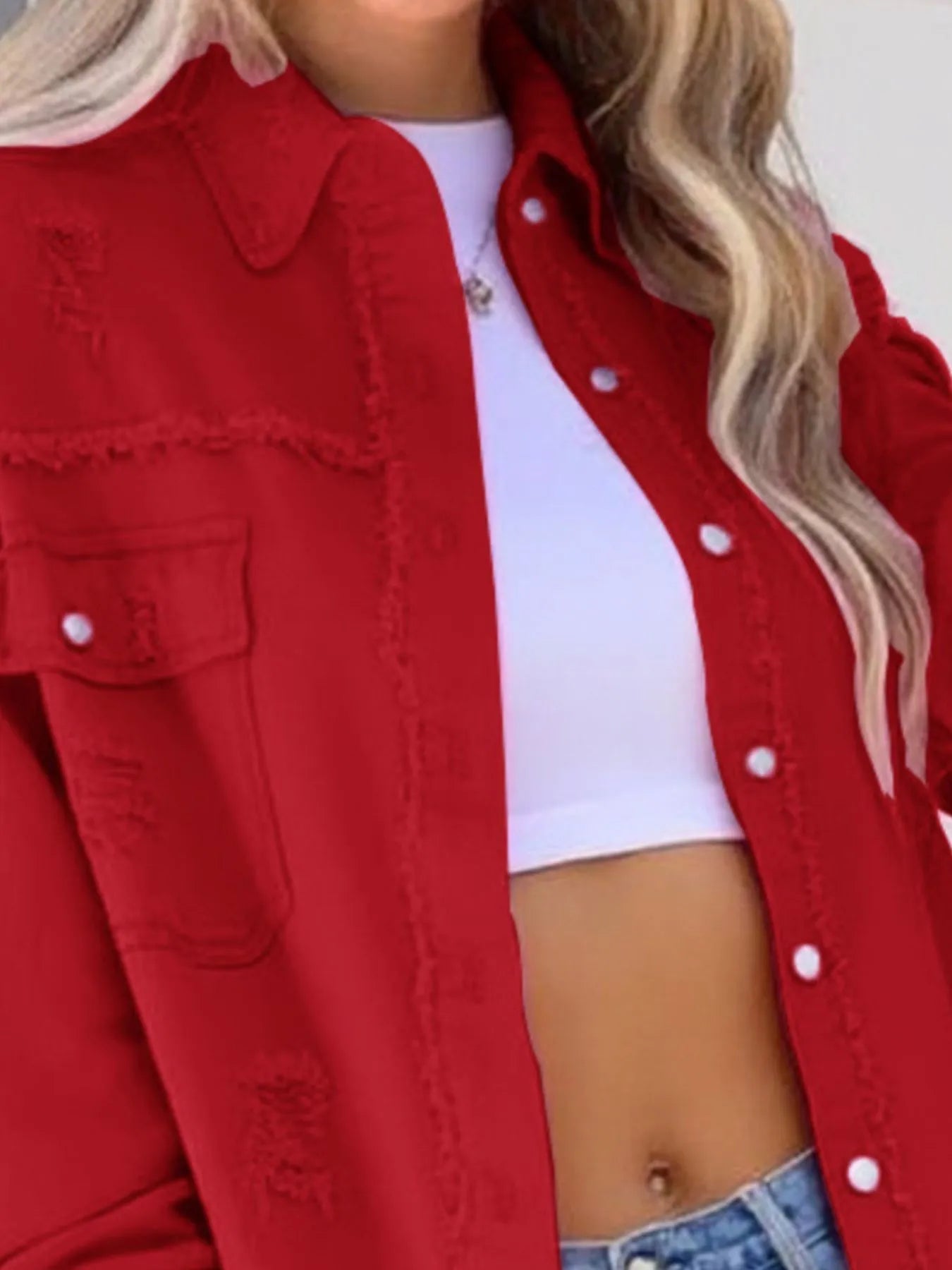 Distressed Denim Jacket with Frayed Edges 