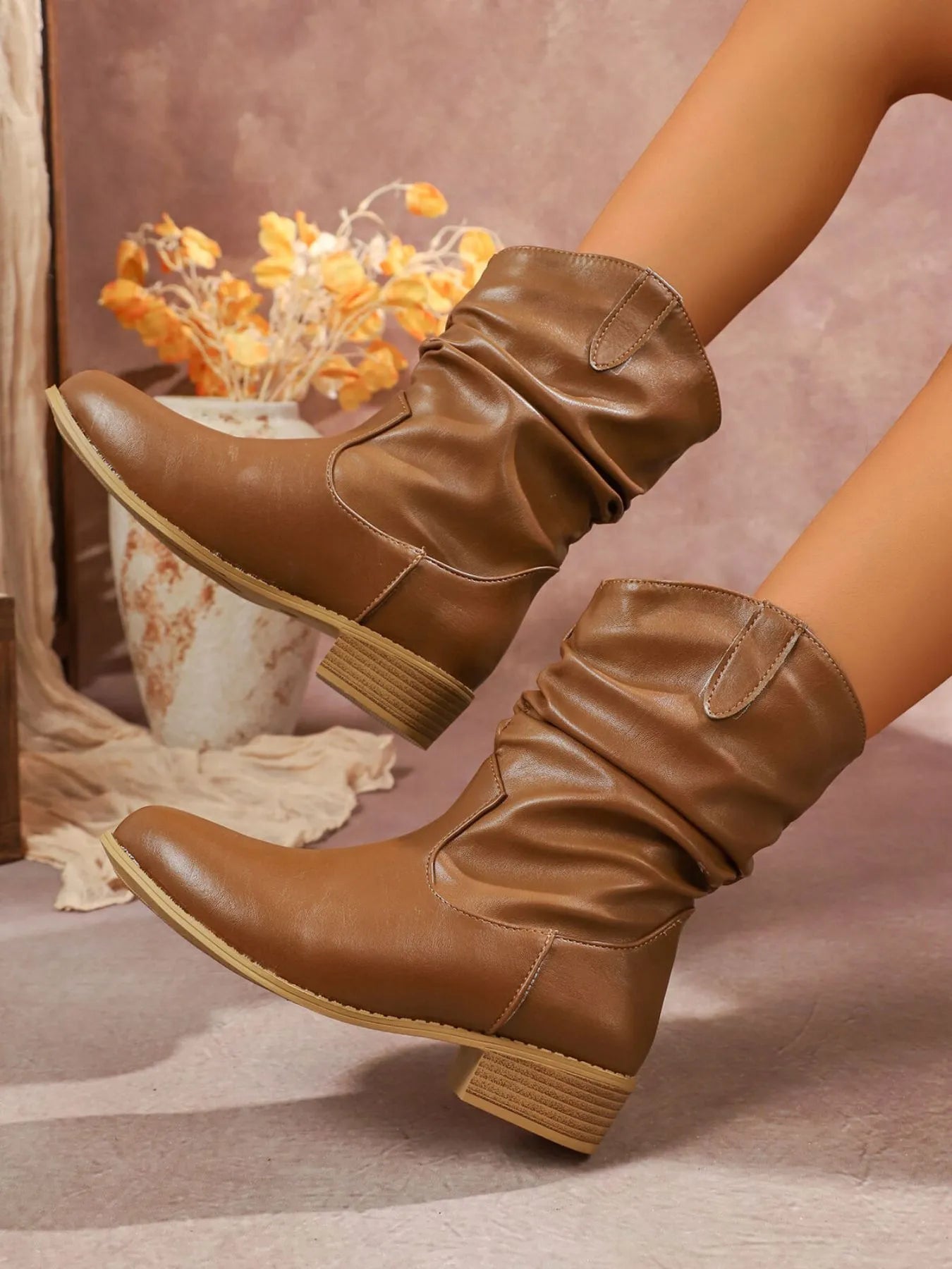 Mid-Calf Western Boots with Block Heels 