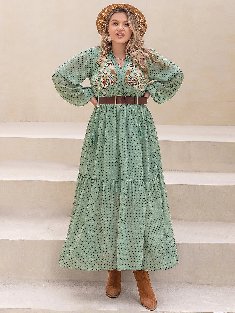 Plus Size Tassel Printed Tie Neck Long Sleeve Midi Dress 