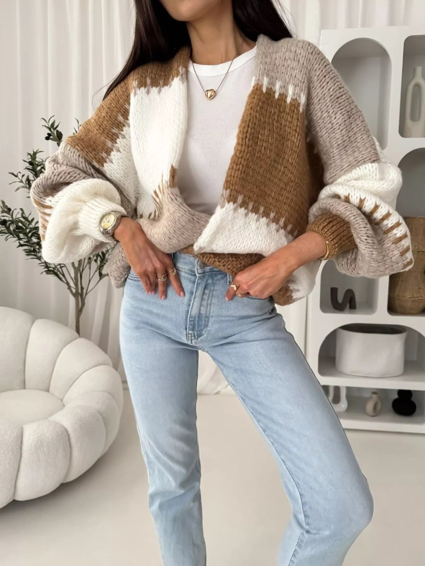 Color Block Open Front Cardigan 