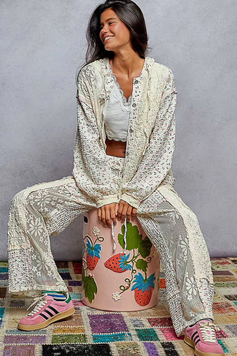 POL Floral Balloon Sleeve Hooded Lace Jacket with Stitch Detail 