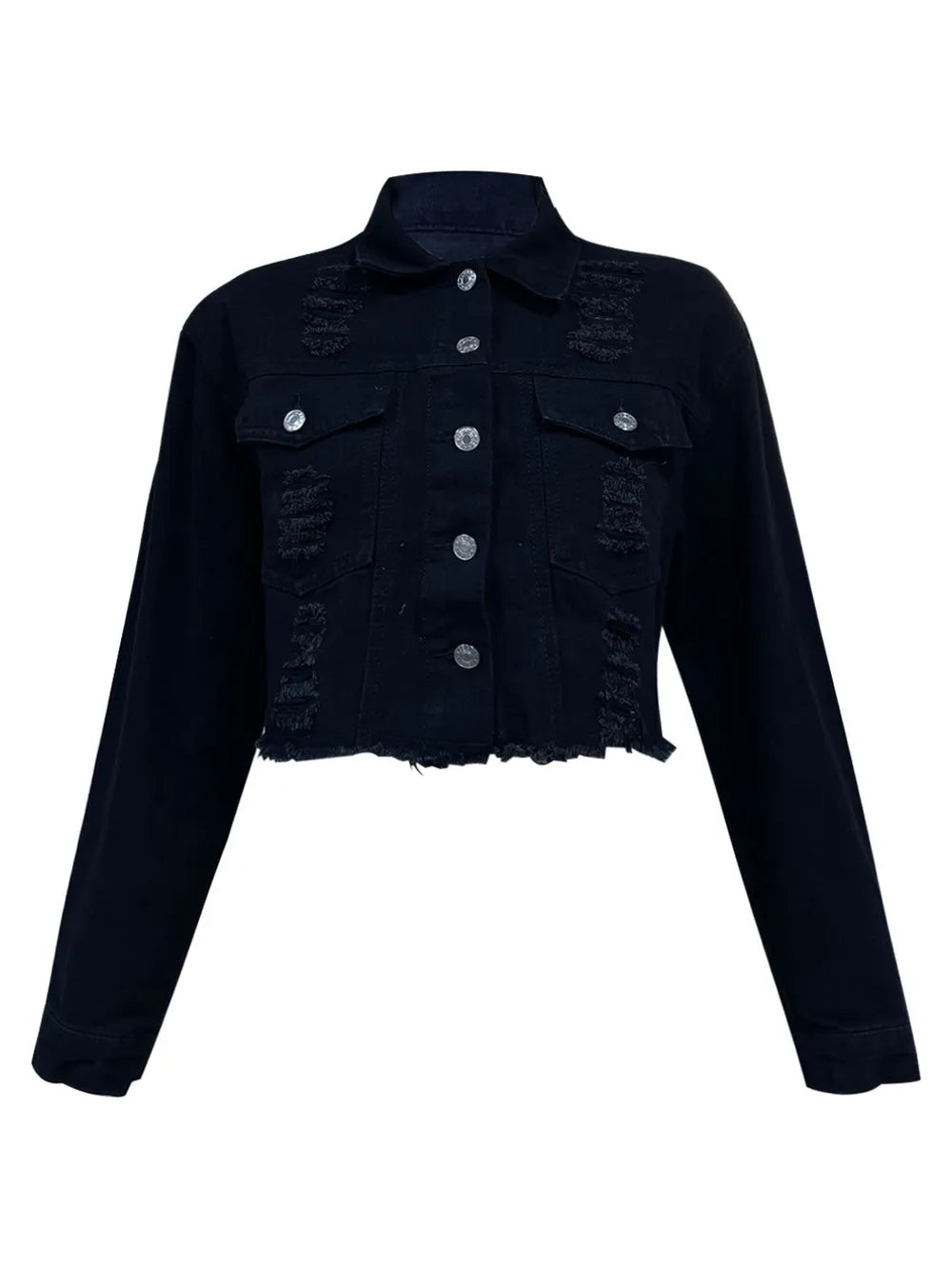 Distressed Collared Neck Long Sleeve Denim Top 