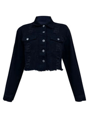 Distressed Collared Neck Long Sleeve Denim Top 