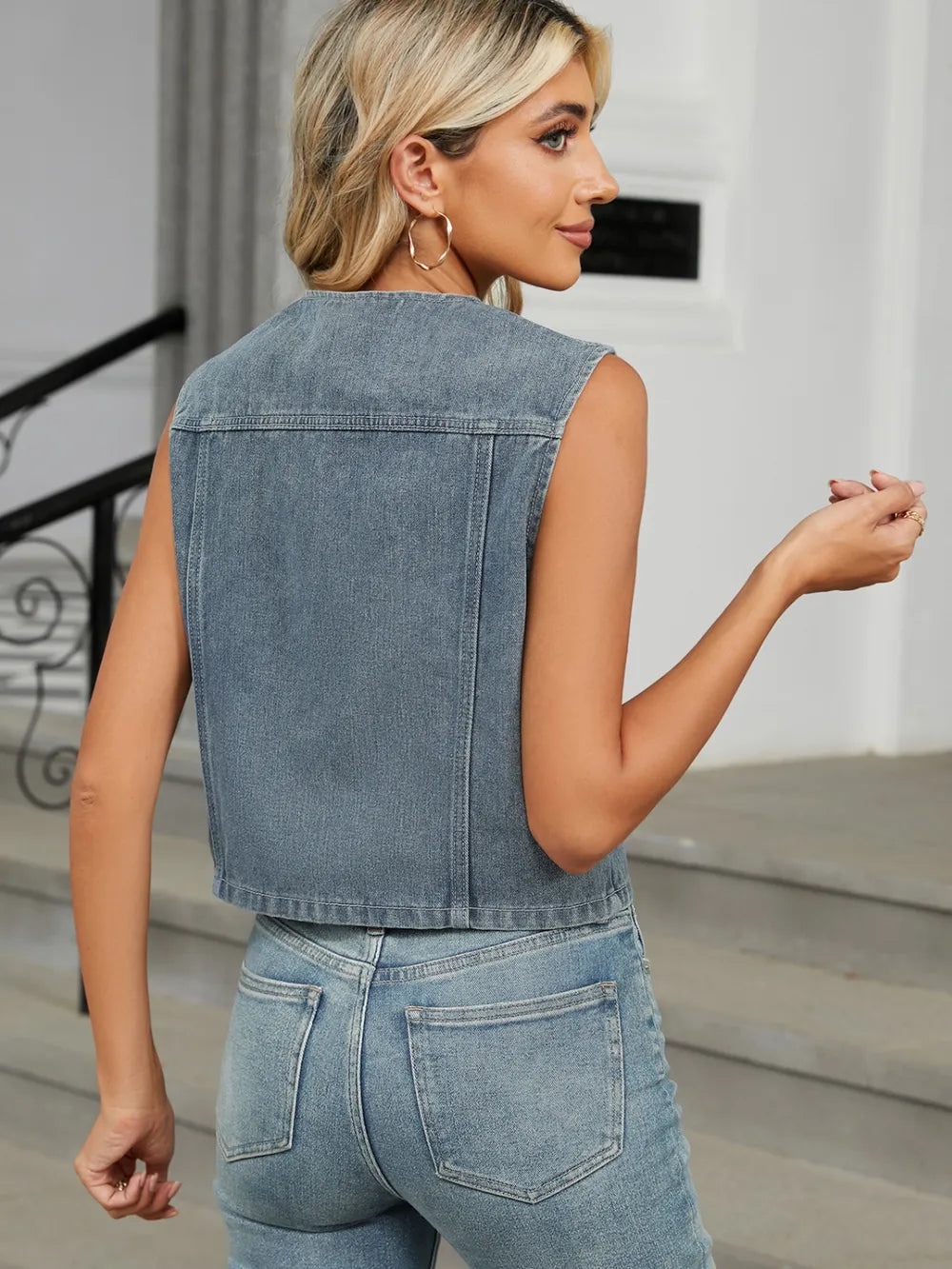 V-Neck Button Down Denim Vest 