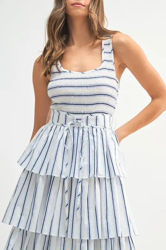 MABLE Pin Stripe Smocked Bodice Layered Midi Dress 