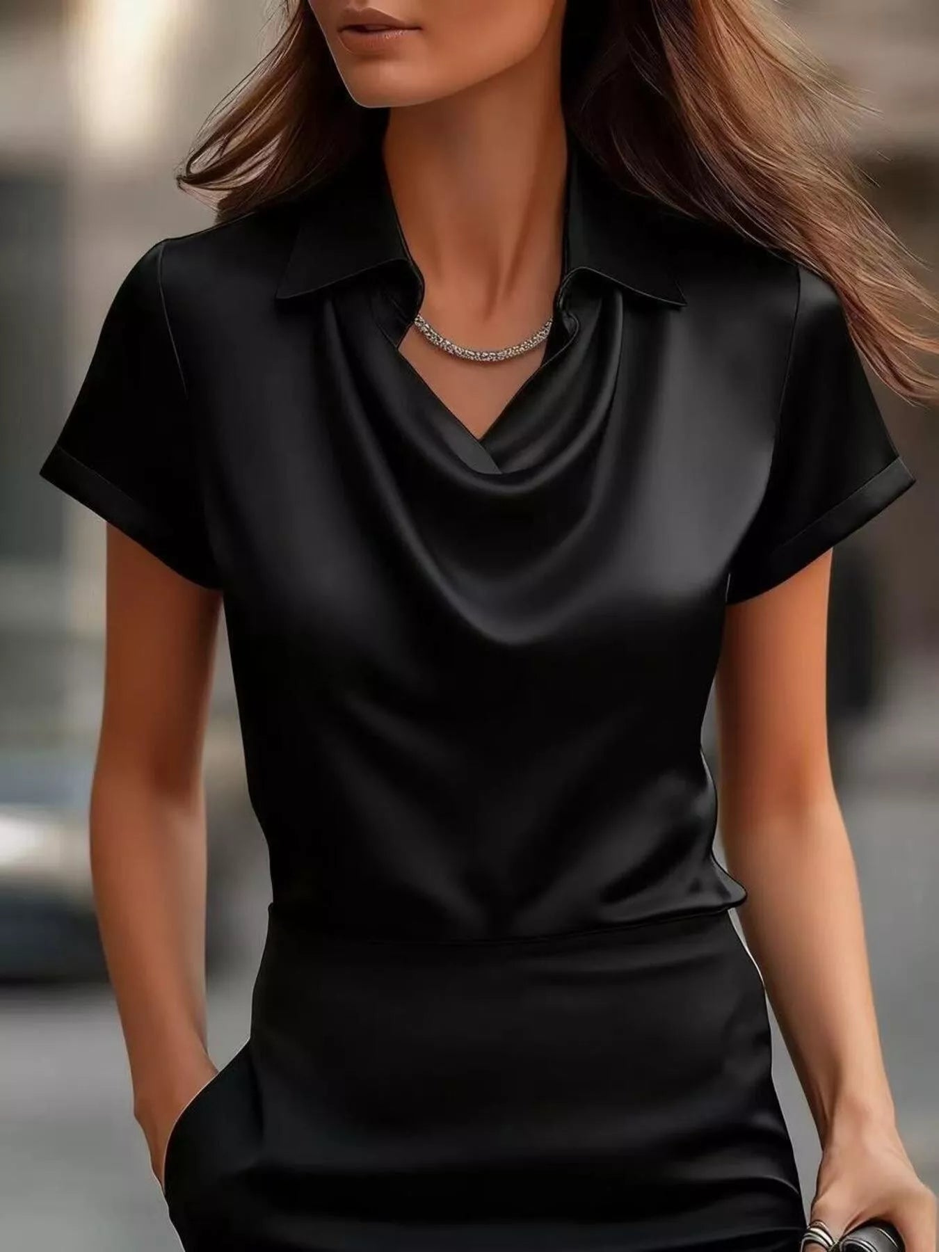 Full Size Cowl Neck Short Sleeve Satin Blouse Plus Size 