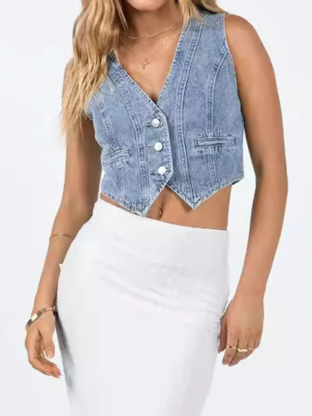 Button Up Sleeveless Denim Top 