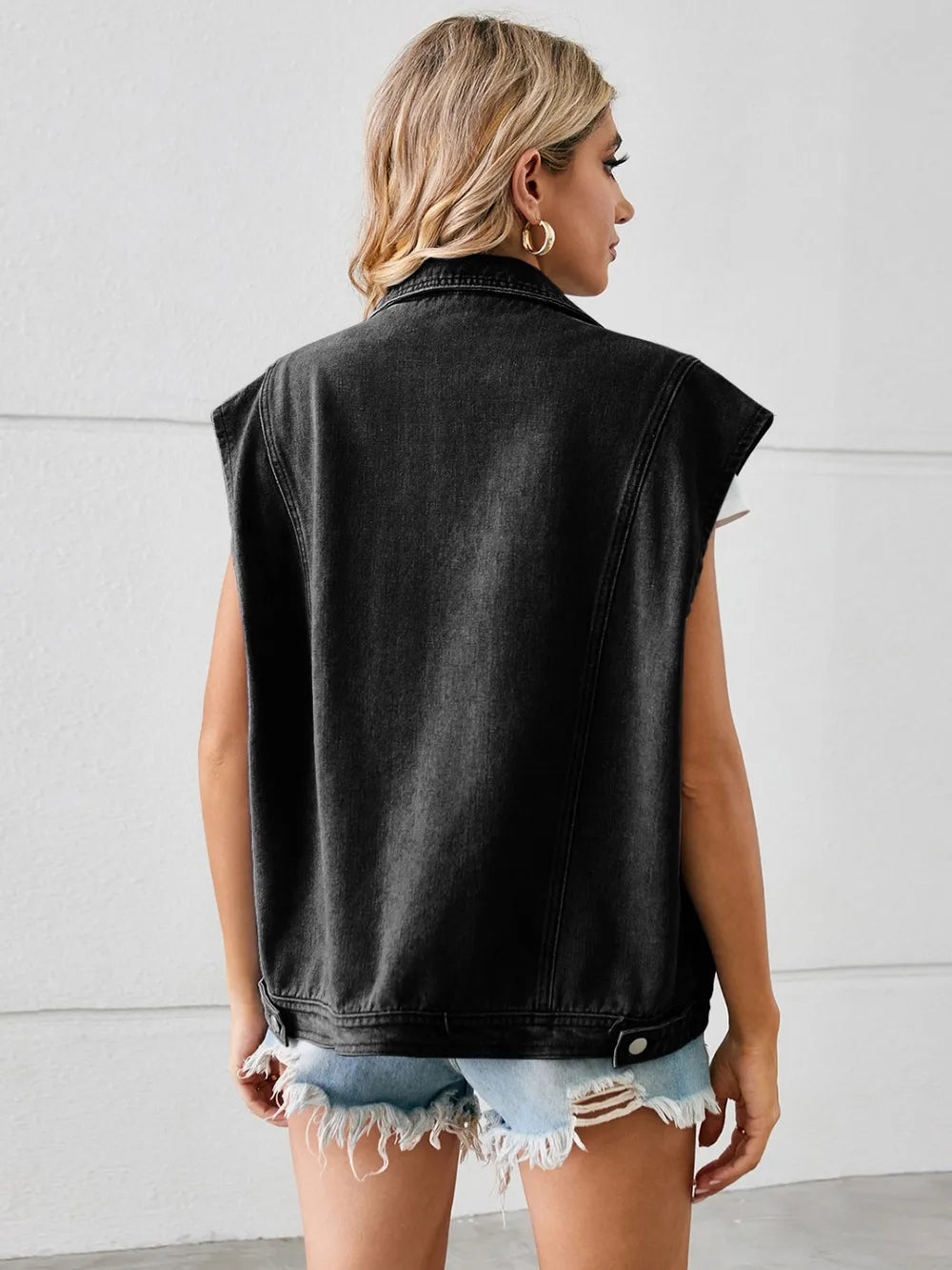 Pocketed Button Up Sleeveless Denim Jacket 